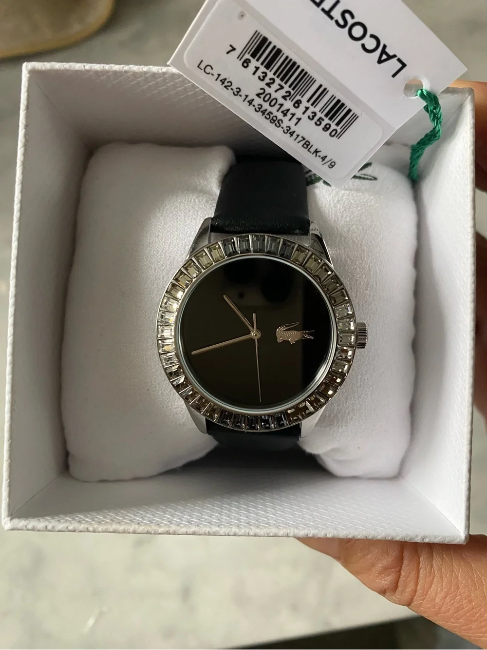 Lacoste Ladycroc 2001411 Women’s Watch Black Leather Band Crystal Bezel 36.5mm